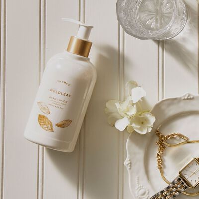 Thymes Goldleaf Hand Lotion on countertop